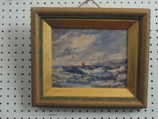 E J Jones, 20th Century oil on board "Impressionist Sea Scape with Heavy Sea" 6" x 7"