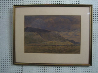 Watercolour drawing "Mountain Scene with Grazing Cattle" signed AP? 13" x 19", the reverse marked D A Williamson