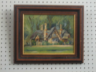 Impressionist oil on board "A Timbered Country House" 7" x 9"