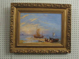 19th/20th Century oil on board "Fishing Boat with Fisherfolk" 11" x 14" contained in a gilt frame