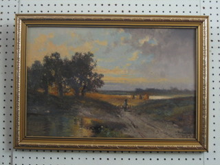 19th Century oil on board "Figure Driving Sheep at Dusk" indistinctly signed and marked near Guildford Surrey, 11" x 17"