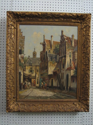 H Hoven, Dutch School, oil on canvas "Street Scene with Figures and Horse" 20" x 15" signed