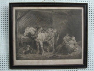 An 18th/19th Century monochrome print "The Country Stable" 17" x 24" contained in a black and gilt frame