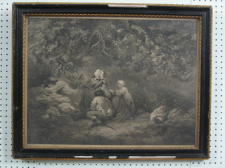 An 18th/19th Century monochrome print "Figures in a Wooden Area" 16" x 22"