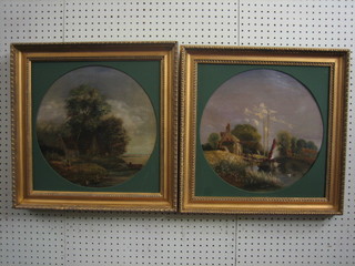 S Watts, a pair of 19th Century oil paintings on canvas "River Scenes", both relined, signed and dated 14"  circular, contained in decorative gilt frames