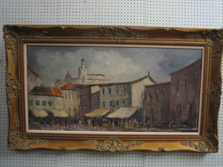 20th Century French oil on canvas, impressionist "Market Scene with Figures" 19" x 39"