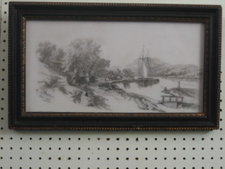 M Robinson, 19th Century pencil drawing on panel? "River Quay with Barge" 7" x 13 1/2" contained in a black and gilt frame
