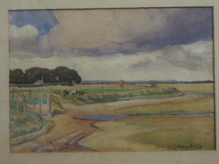 C Alban.Wallis, 1930's watercolour drawing "Field with Trees and Grazing Horses" 7" x 10"