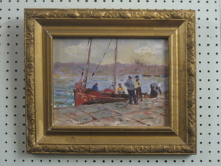 20th Century Cornish oil on board "Fisherman Standing by a Quay" 7" x 9 1/2"