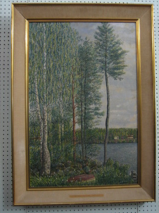 Warnes Bass, oil on board "Lake Trosken Gavel Sweden 1960" 29" x 19"