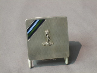 A square silver and enamelled compact decorated the crest and colours of The Royal Corps of Signals 2 1/2", Birmingham 1944