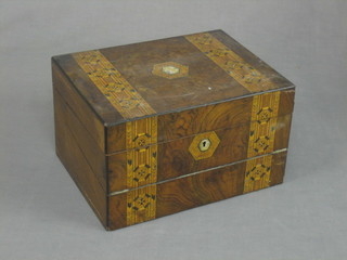 A Victorian walnut writing slope with parquetry banding and inlaid mother of pearl decoration 12" (hinges f)