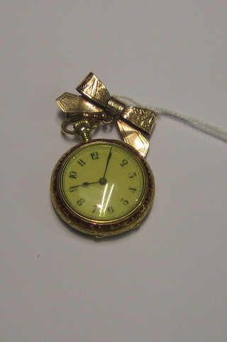 A lady's Continental 18ct gold and enamelled fob watch, the dial with Roman numerals, the back enamelled a seascape