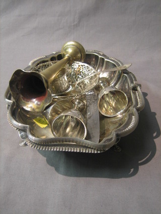 An oval engraved silver plated cake basket with swing handle, a pierced circular dish 5", 3 plated napkin rings, a knife, a Victorian silver spoon, a specimen vase and a silver napkin ring