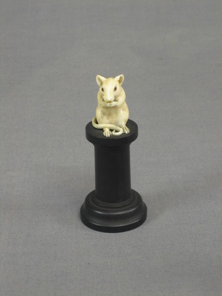 A carved ivory figure of a seated rat 1 1/2" raised on a socle base