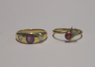 An 18ct gold dress ring set white and red stone together with an 18ct gold gypsy ring set pink and white stones