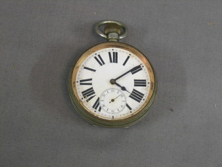 A Goliath type pocket watch with enamelled dial and Roman numerals (dial crazed and chipped)