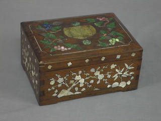 An Eastern hardwood trinket box inlaid mother of pearl and hardstones with hinged lid 9"