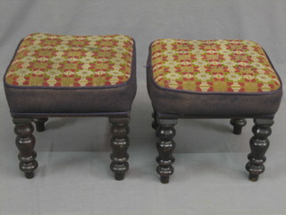 A pair of 19th Century square mahogany stools, raised on turned supports