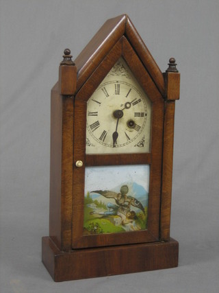 An American 8 day shelf clock contained in a mahogany  finished steeple case with glass panel, decorated a boy and eagle by Epluribus