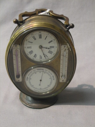 A French 19th Century table timepiece incorporating a clock barometer and 2 thermometers, having an enamelled dial and Roman numerals contained in an oval gilt metal case