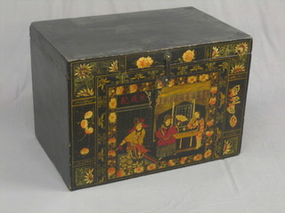 An Eastern camphor box with hinged lid, the front painted an Eastern court scene 35"