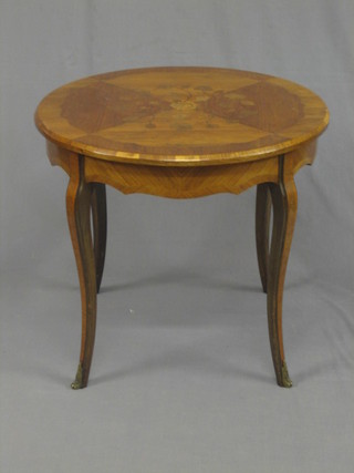 A 20th Century circular French Kingwood and inlaid marquetry occasional table, raised on cabriole supports 25"