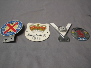 A Redex Car Club badge,  a Veteran Motorist's badge for 41 years, a Classic Badge marked Elizabeth R 1953 and a pressed metal badge marked Scotland (4)