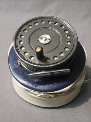 A Hardy "St John" centre pin fly reel 3 1/2" complete with plastic carrying case