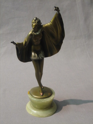 Salat, a painted Art Deco bronze figure of a standing lady wearing a cape, raised on a turned onyx socle base 8" (hand f)