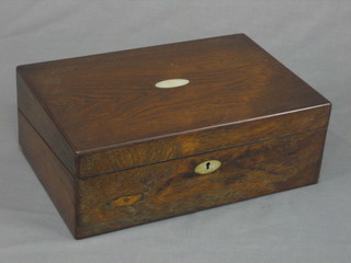A Victorian rosewood writing slope with inlaid mother of pearl panel to the top, complete with 2 glass inkwells 14"