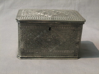 A Victorian pressed metal tea caddy with hinged lid 6"