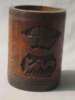 A carved bamboo vase decorated court figures and with script to side 6"