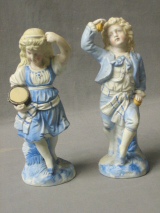 A pair of 19th Century biscuit porcelain figures girl with tambourine and dancing boy 8" (f)