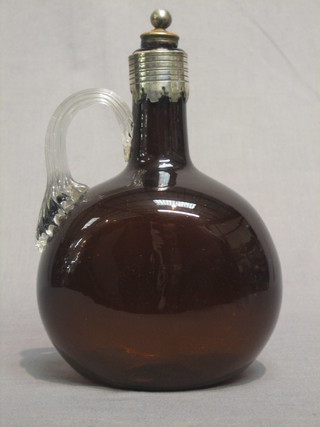 A 19th Century Continental brown glass jug with silver collar and clear glass handle 7"