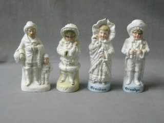 A pair of 19th Century German biscuit porcelain figures of Grandpa and Grandma 7", a biscuit porcelain figure of a girl 6 1/2" do. Fisherman 6 1/2"