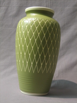 A Pilkington's Royal Lancastrian green glazed vase, the base incised Royal Lancastrian Made in England and monogrammed JB? 14"