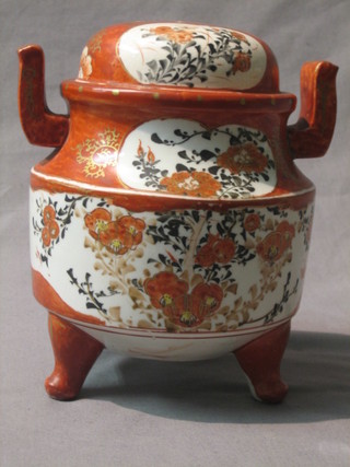 A Kutani twin handled vase and cover raised on 3 feet, the base with character mark 7" (lid f)