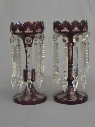 A pair of 19th Century red overlay glass lustres 13"
