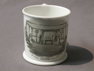 A Royal Worcester mug with monochrome decoration - The Room in Which Shakespeare was Born, the base with green Worcester mark and 7 dots