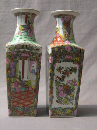 A pair of 29th Century square famille rose club shaped vases 14"