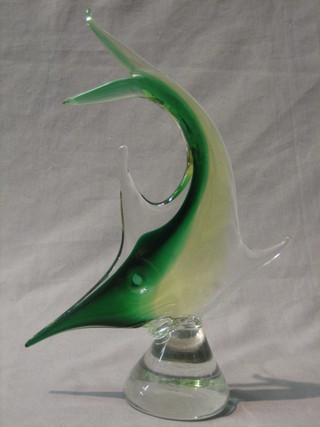 A Murano green glass figure of a diving tropical fish 13"