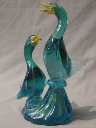 A green Murano glass figure of 2 birds 12"