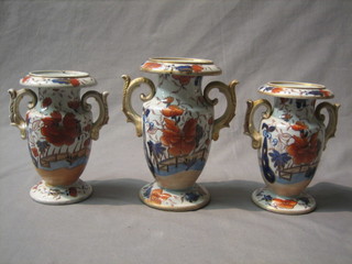 A garniture of 3 Derby style twin handled porcelain vases (lids missing and f)