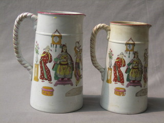 2 19th Century pottery jugs decorated Eastern court scenes 8"