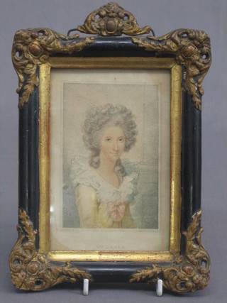 An 18th Century coloured print of Mrs Damer 5" x 3" contained in a gilt and black frame