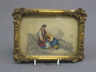 A miniature watercolour "Two Girls Sat on a Rocky Outcrop" 4" x 5", indistinctly signed