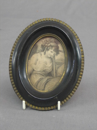 A 19th Century monochrome print "Classical Girl" 2" oval contained in an ebony frame