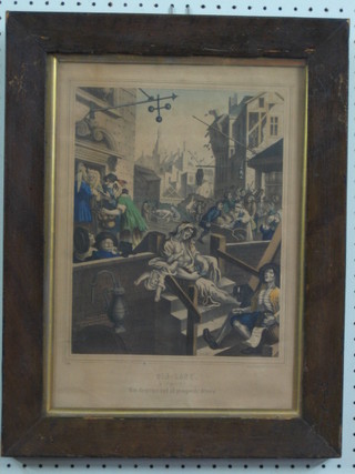After Hogarth, an 18th/19th Century French coloured print "Gin Alley" 12" x 9 1/2" contained in an oak frame