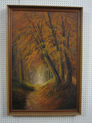 W Ulrich, painted whilst a POW, impressionist oil on material,   "Woodland Scene with Track" 36" x 23" 
